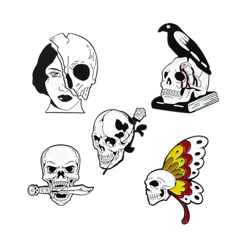 Черный белый череп брошь с дизайном скелет бабочка. Роза. Нож. Книга ворона Череп