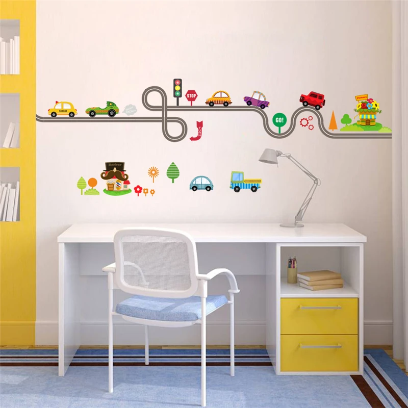 

Cute Cars Bus Taxi On Road Wall Stickers Kids Room Bedroom Baseboard Home Decor Diy Animal Wall Mural Art Pvc Decal