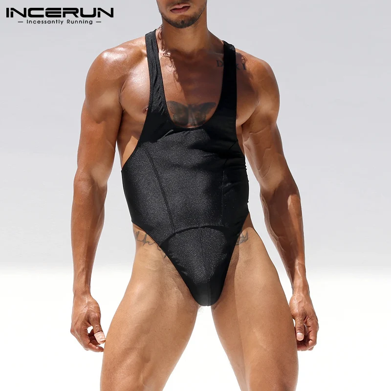 Men Bodysuit Pajamas Solid Color Sleeveless Skinny Cozy Suspender Rompers 2022 Sexy Thin Men Bodysuits Underwear S-5XL INCERUN