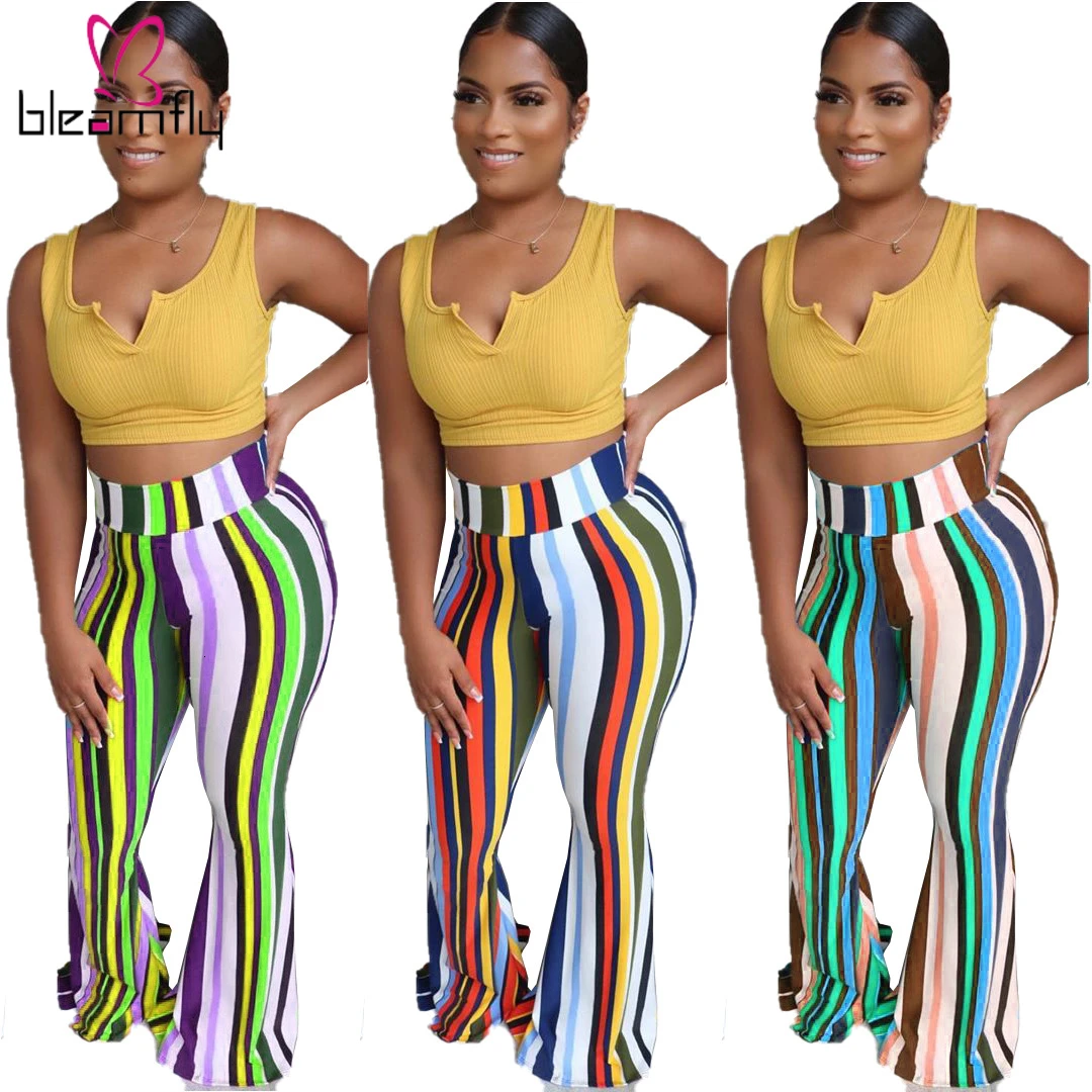 Осенне зимние женские широкие штаны с высокой талией и Разноцветными полосками