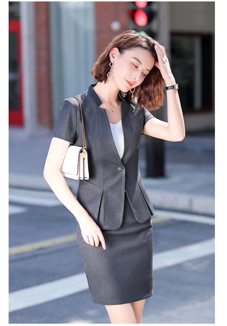 Женский офисный костюм элегантный летний с юбкой серый черный пиджак и офисная