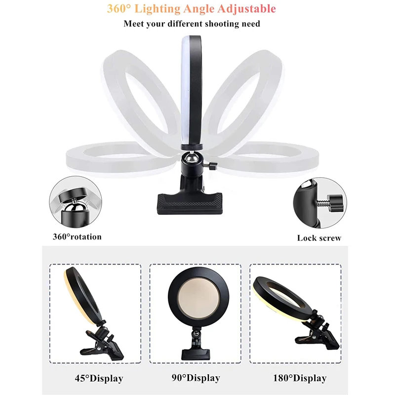 Selfie Ring Light Clip with Clamp Mount Desk Makeup Video 360 Degrees Rotatable Ring Lamp Dimmable Color Live Steam Webcam Light