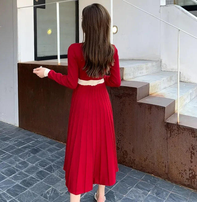 

2020 Autumn Winter Vintage Elegant Hit Color Female Basic Knit Full Sleeve High Waist Slim Sweater Pleated Long dress Vestidos