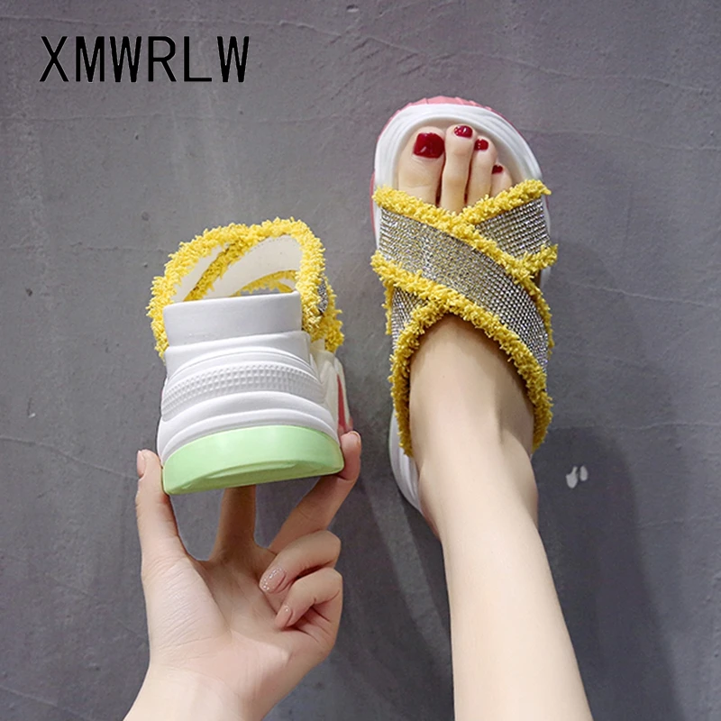 

XMWRLW Thick Sole Slippers Women 2020 Summer Fashion Sequins Platform Shoes High Heels Slippers For Woman Summer Shoes Slipper