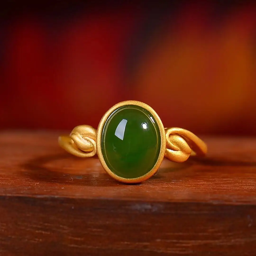 

Natural 925 Silver Inlaid Hetian Jade Egg Noodle Ring
