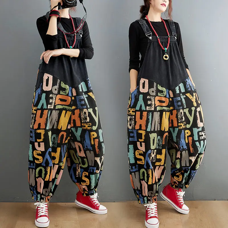 

Plus Size Women's Pants Autumn Winter Loose Printing Nine-Point Denim Overalls Female Jumpsuit Casual Commuter Baggy Jeans M1337