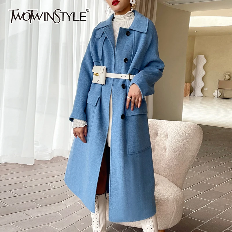 

TWOTWINSTYLE Casual Blue Trench Coat For Women Lapel Collar Long Sleeve Single Breasted Solid Straight Coats Female Clothing New