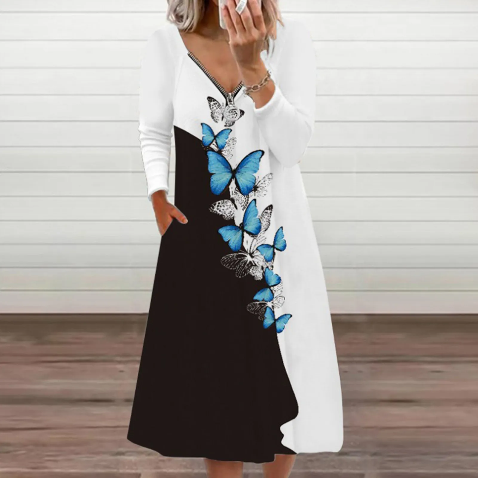 

2021 New Printed Long Autumn Pocket Sexy Zipper V-neck Long Sleeve Dresses for Women Party Bohemian Flower Vintage Midi Dress