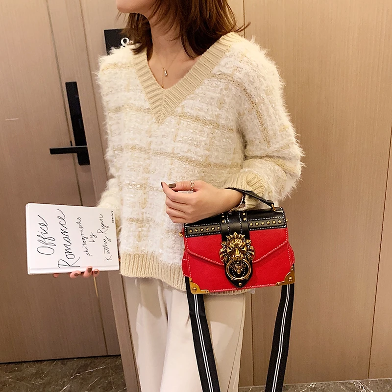 

Female Brand Handbags Popular Girls Retro Crossbody Bags Totes Womens Luxury Metal Lion Head Shoulder Purse Square Messenger Bag