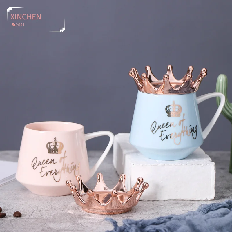 

Coffee Mug Nordic Wind Pink Crown Cup Ins Mug Spoon Coffee Mug Creative Ceramic Water Milk for Breakfast Cups Cute Girl Gift