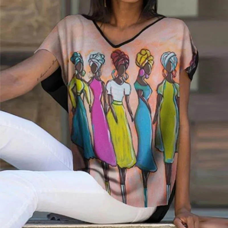 

Women Vintage Cartoon Print Loose Tee Shirt Spring Fashion Short Sleeve Pullover Tops Summer Sexy V Neck T Shirts Streetwear 3XL