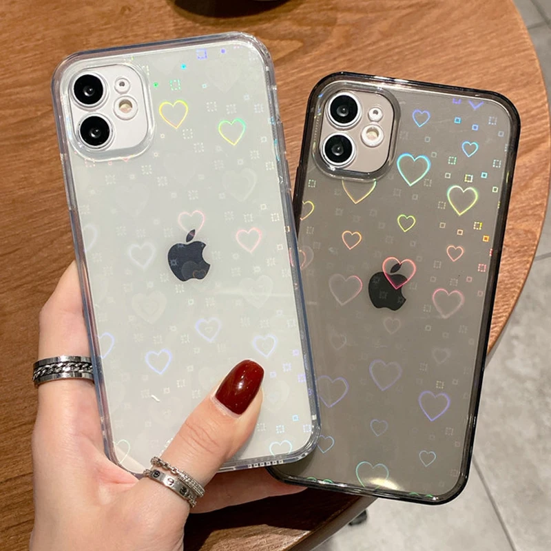 

Love Heart Flower Glitter Laser Phone Case For iphone 11 13 12 Mini Pro X XR XS Max 8 7 Plus SE 2020 Clear Soft TPU Back Cover