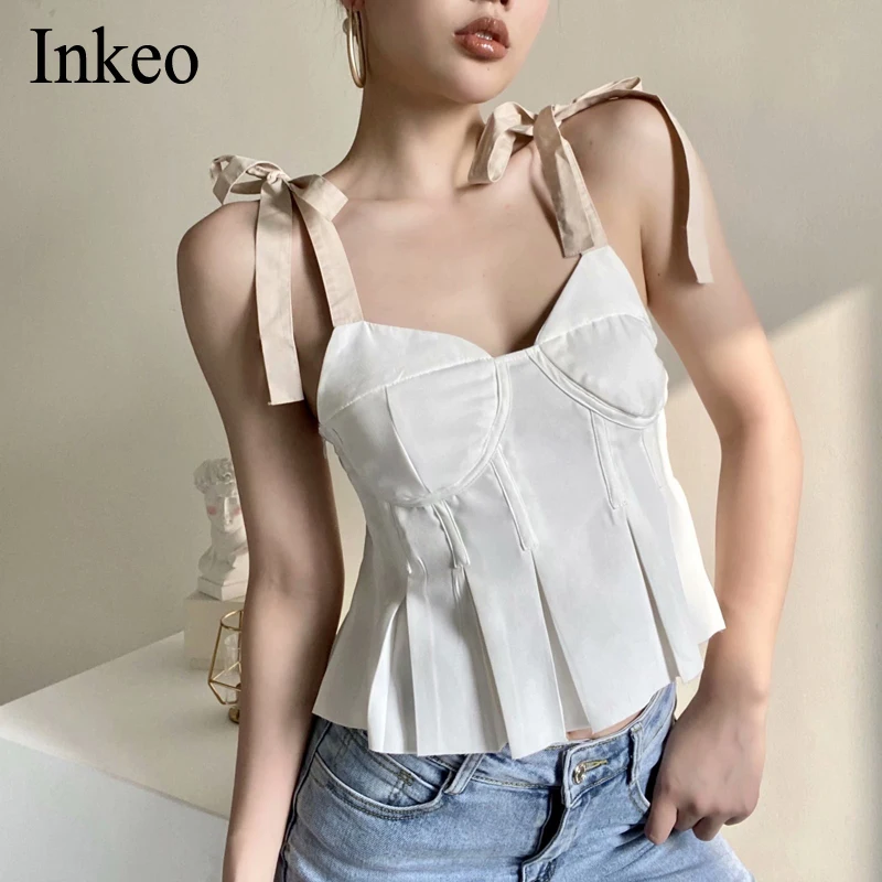 

2021 Summer Tank Tops Sexy White Lace up Pleated Crop tops Vest Female Off Shoulder Spaghetti Strap Tops Club Mujer INKEO 1T011