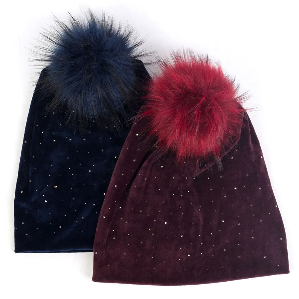 

Women Velvet Rhinestone Skullies Beanies Hat With Faux Fake Fur Pom Pom Female Elastic Baggy Warm Ear Hats Slouchy Bonnet Cap