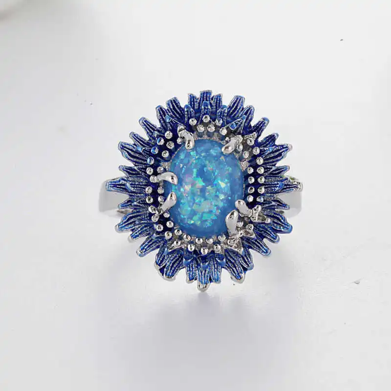 

Blue Silver Color Wedding Party Fire Flower Women Ring Size 6-10 Opal Jewellery