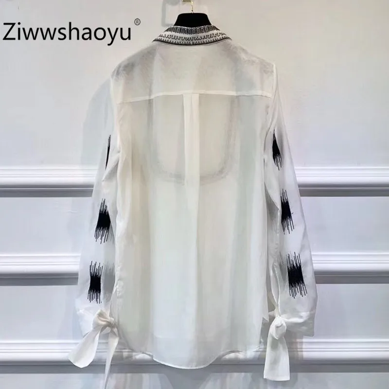 Ziwwshaoyu Женская Осенняя Высококачественная хлопковая блуза в сетку Топ рубашка элегантный лук рукав в форме фонаря с вышивкой дамы Blusas рубашка