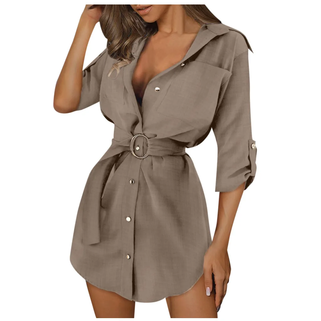 

Women Spring Autumn Sleeve Mini Dresses OL with Belt Casual Work Plain Shirt Tops Sexy Brief Elegant Casual Solid Dresses