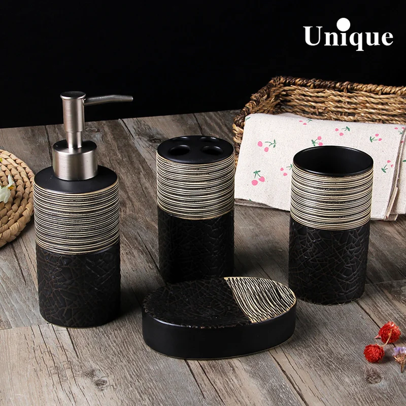 

GY Creative Hand-Brushed European Ceramic Bathroom Four-Piece Set Bathroom Supplies Kit Toothbrush Cup Cleaning Kit