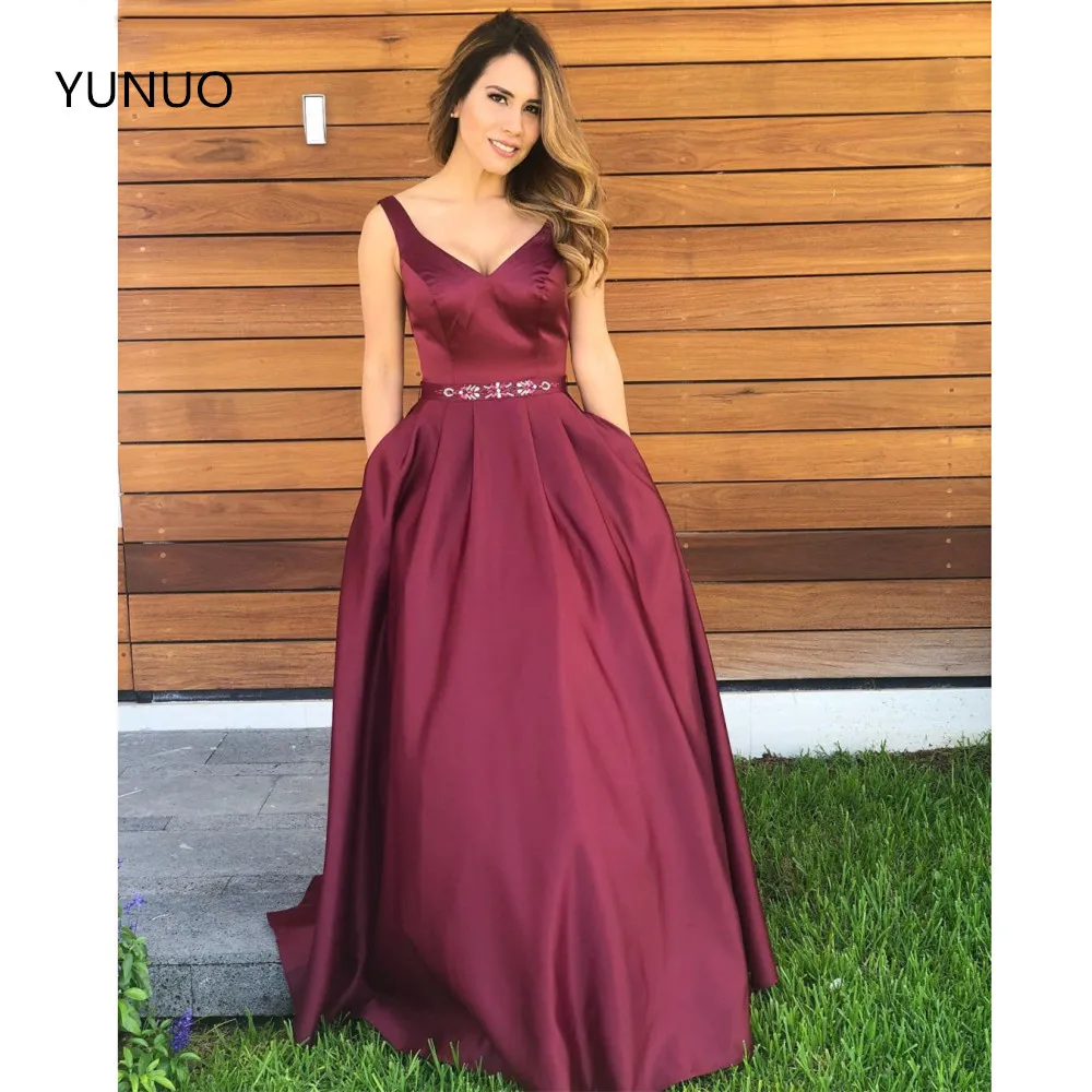 Атласные вечерние платья YUNUO с V-образным вырезом длинные трапециевидные бисером