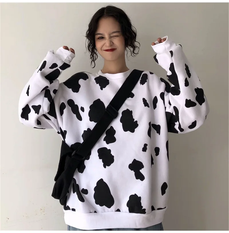 

2021 Fall Cute Hoodie Women's Top Casual Milk Print Streetwear Women's Pullover Japanese Ladies Hoodie