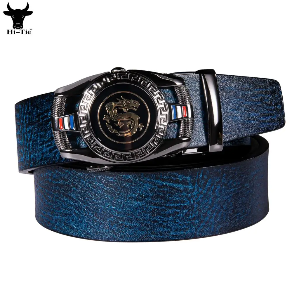 Hi-Tie Blue Navy Genuine Leather Mens Belts Dragon Automatic Buckles Ratchet Adult Waist Belt for Men Dress Jeans Adjustable XXL