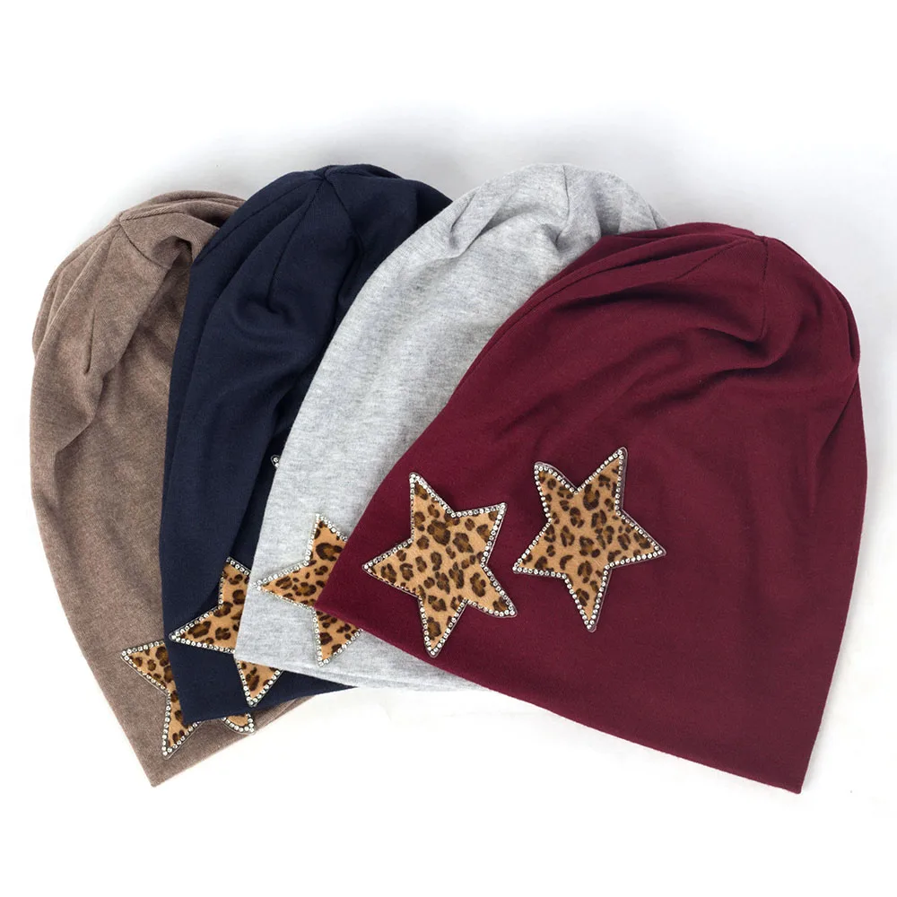 

Geebro Women Fashion With Leopard Star Rhinestones Beanies Female Solid Color Soft Cotton Skullies Hats Lady Elastic Baggy Caps
