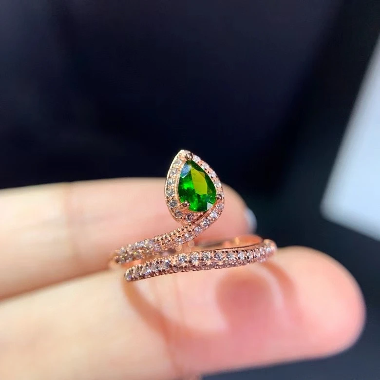 

Natural green diopside gem Ring Natural gemstone Ring S925 silver Elegant lovely Opening snake women girl party gift Jewelry