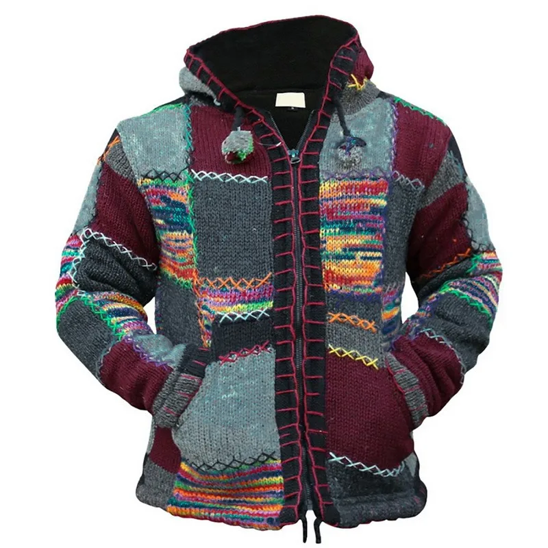 

Casual Drawstring Plus Velvet Warm Hooded Coats Men Autumn Long Sleeve Patchwork Knitted jackets Men's 2021 Fashion Streetwear