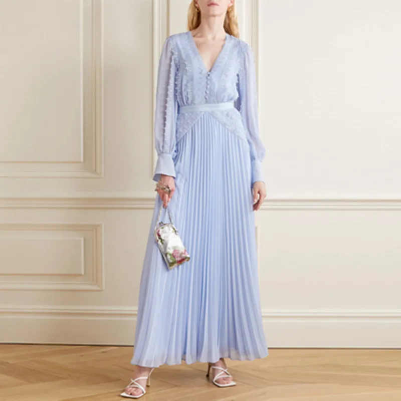 

2021 Новое поступление Self Portrait летний винтажный буф рукав с шифоновыми оборками элегантное платье с v-образным вырезом Плиссированное длинно...