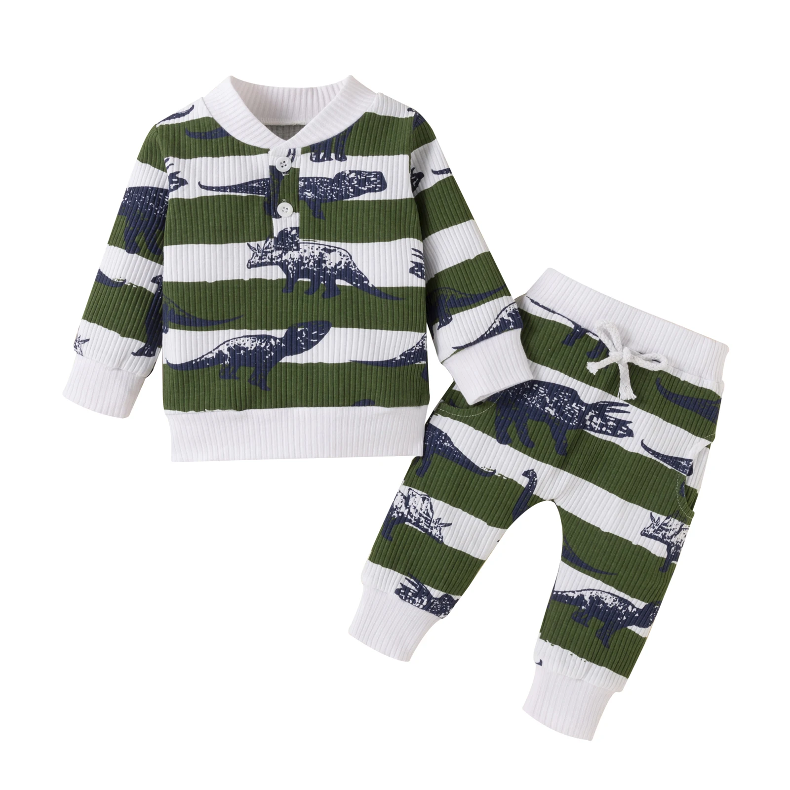 

Newborn Color Block Outfits, Baby Ribbed Dinosaur & Stripe Print Long Sleeve Round Neck Sweatshirt + Pants with Pockets 2 Pcs