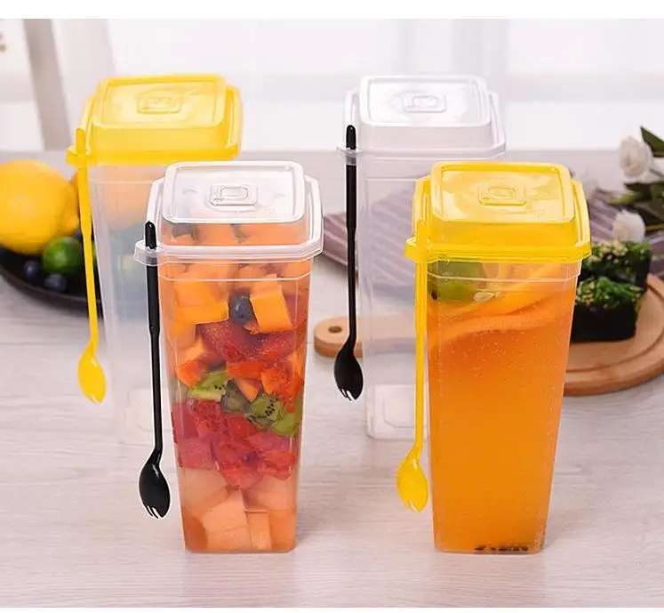 

960ML Disposable Cups Thick Transparent Plastic Drinking Cups With Lid Juice Tea Cup With Fork Wholesale