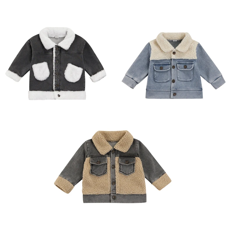 

Unisex Children Contrast Color Fleece Denim Coat Fashion Streetwear Long Sleeve Button Down Lapel Jacket with Pockets Boys Girls