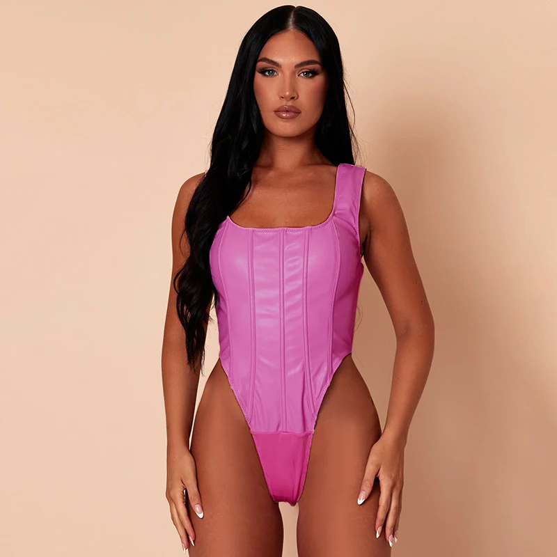 

Женское боди из искусственной кожи без рукавов, облегающий слитный комбидресс с низким вырезом, Клубная вечерние в стиле Харадзюку, Y2K, осен...