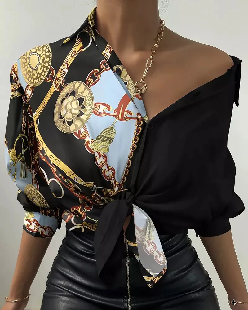 

2021 Women Spring Autumn Fashion Elegant Chain Print Button Design Lantern Sleeve Shirt Long Sleeve Sexy Casual Blouse