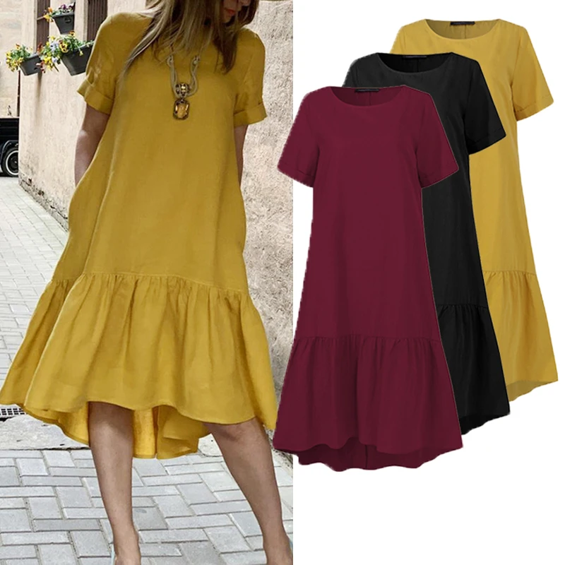 

Women's summer holiday short-sleeved sundress casual long skirt frilly loose pocket o-neck robe was thin 5XL