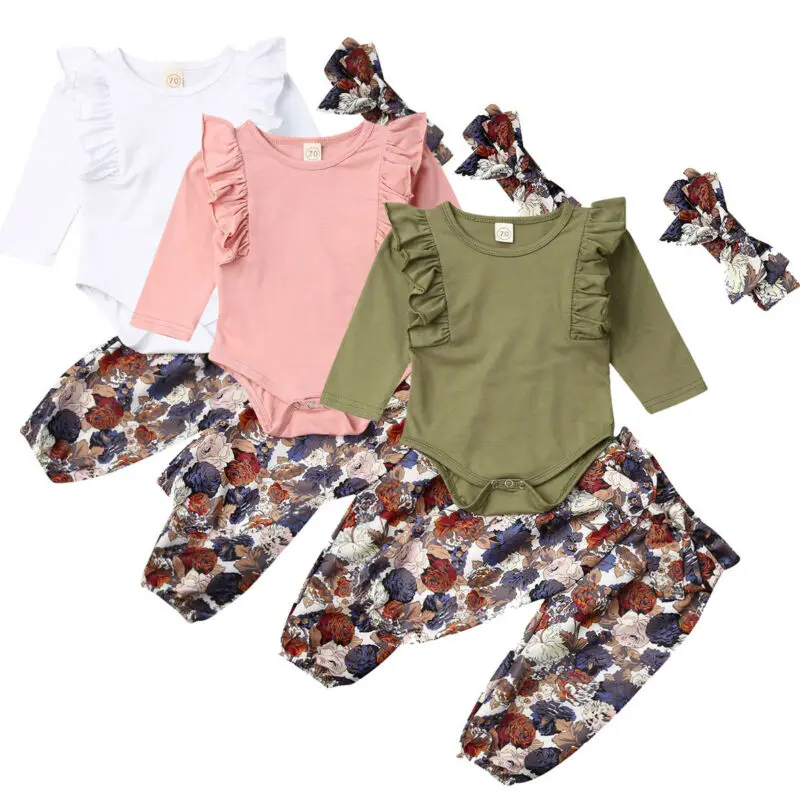 

Girl Clothes Newborn Kid Baby Girls Long Sleeve Bodysuit +Flower Pants +Headband 3pcs Outfit
