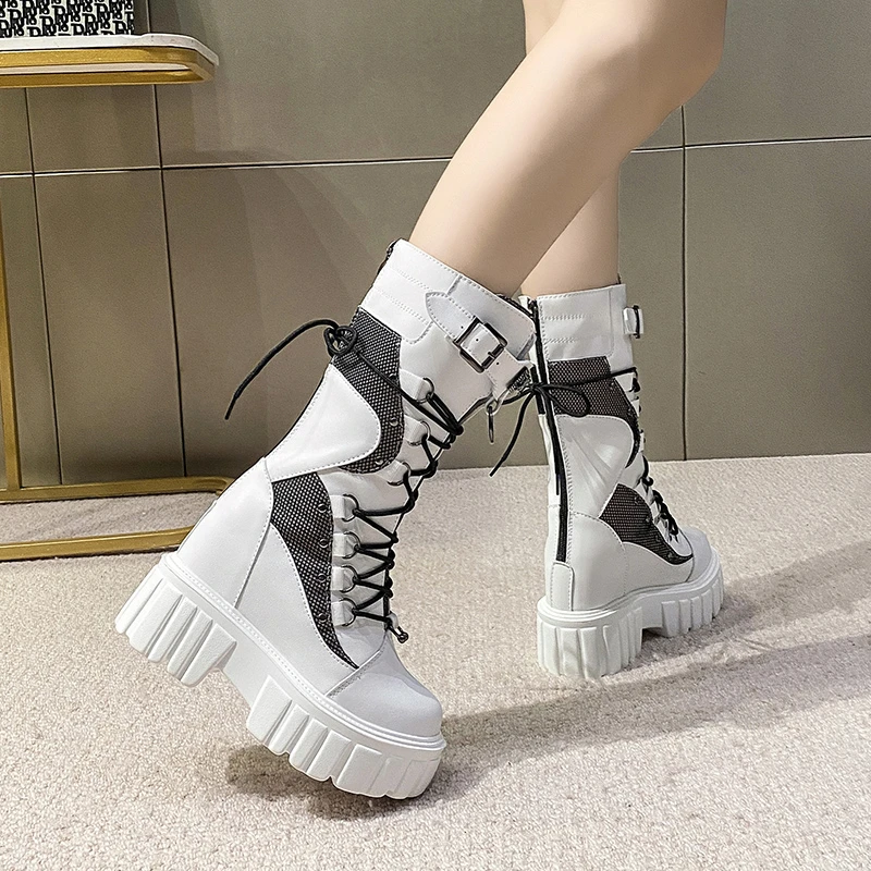 

Women High Heels Thick Heel Mid-calf Boots Zip Reflective Chunky Boots Autumn Winter Leather Woman Boots Platform Shoes