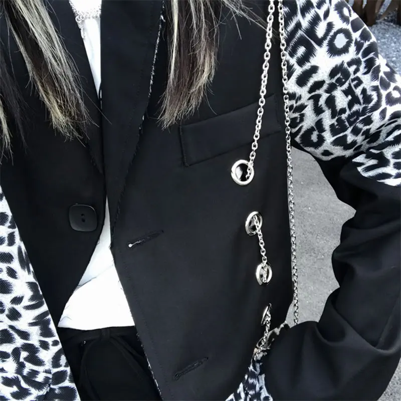 

XITAO Leopard Patchwork Chains Blazer Women Casual Tide Fashion Style Notched Collar Long Sleeve Single Breasted Coat DZL2697