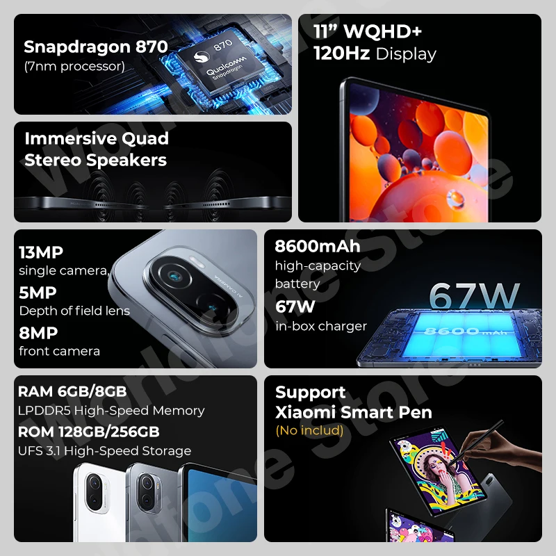 Телефон Xiaomi Tablet Pad 5 Pro Android 11 Snapdragon 870 6 ГБ + 128/256 120 Гц 2 K дюймов ЖК-экран Mi |