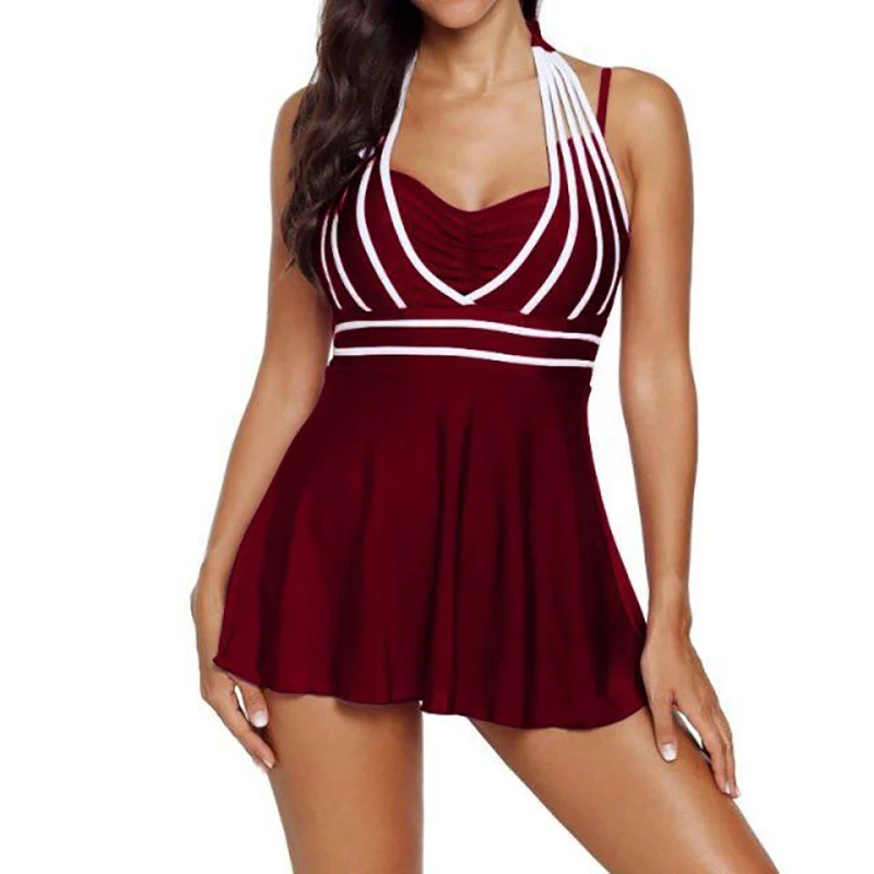 

Женский купальник с лямкой на шее, привлекательное однотонное бикини с треугольным разрезом и короткой юбкой, лето 2021