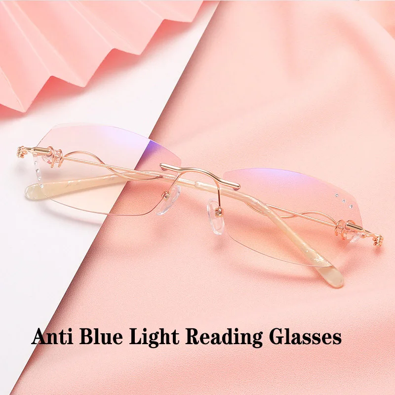 

Alloy Reading Glasses Anti Blue Radiation for Women Rimless Hyperopia Spectacles Rectangular Gold Pink Eye Protection Glasses Fe