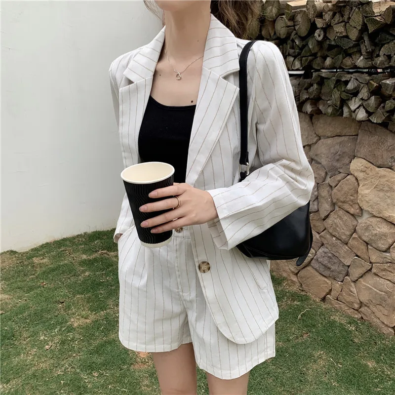 

Spring Summer Thin Striped Blazer Suit Women Loose Casual Two Piece Set Office Blazer with Shorts Cotton and Linen Shorts Set