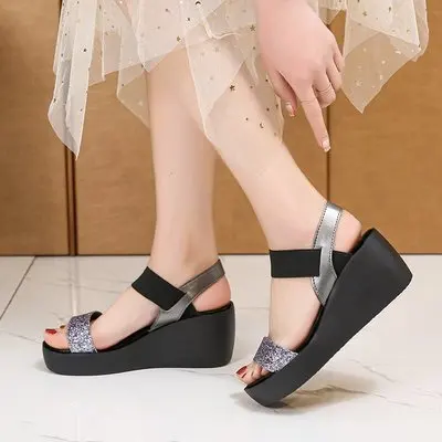 

heel heel sequined Slope middle sandals female spring and summer muffin thick soles buckle large size female sandals