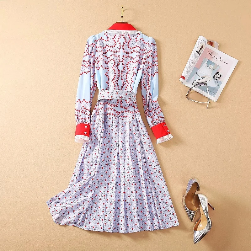 

Quality Designer High New Runway Dress 2021 Spring Summer Women Turn-down Collar Sweetheart Print Long Sleeve Dress With Belt