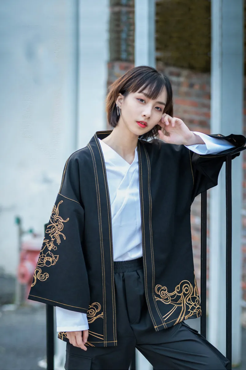 Женский вышитый джинсовый японский кимоно кардиган, утепленный осенний японский халат аниме-косплей костюм, мужская японка в стиле хаори рубашка.