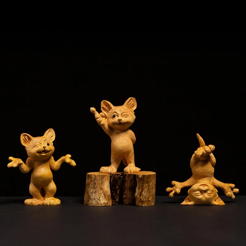 Милая кошка статуя животного Boxwood резьба по дереву животные украшения ремесла