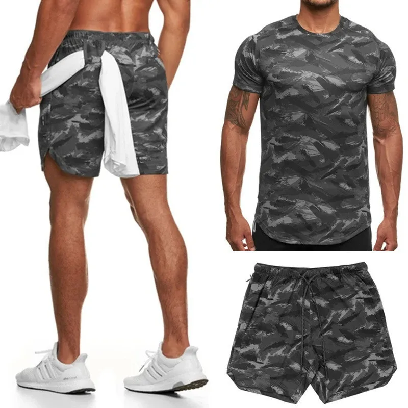 

2021 new Camouflage short sleeve T-shirt shorts men sports suit quick-drying summer Running suit 2 pieces fitness Men's Sets