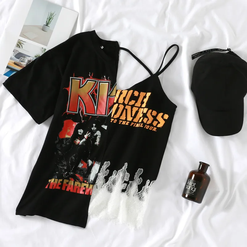 black t shirt Woherb Harajuku футболка уличная с открытыми плечами панк готический хлопок футболка с буквенным принтом женские топы Эстетическая черная футболка одежда - Цвет: black t shirt