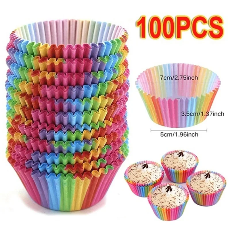 

100Pcs Colorful Rainbow Paper Cake Cupcake Liners Baking Muffin Wrapper Baking Tray Cup Wedding Party Decoration Accessories