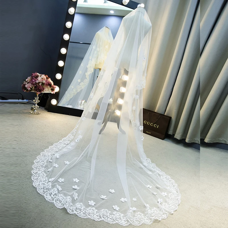

Flower Wedding Veil Tailing Wedding Accessories 1.3/2/2.5/5M Veil Bridal Romantic 1 Layer Lace Diamond Without Comb